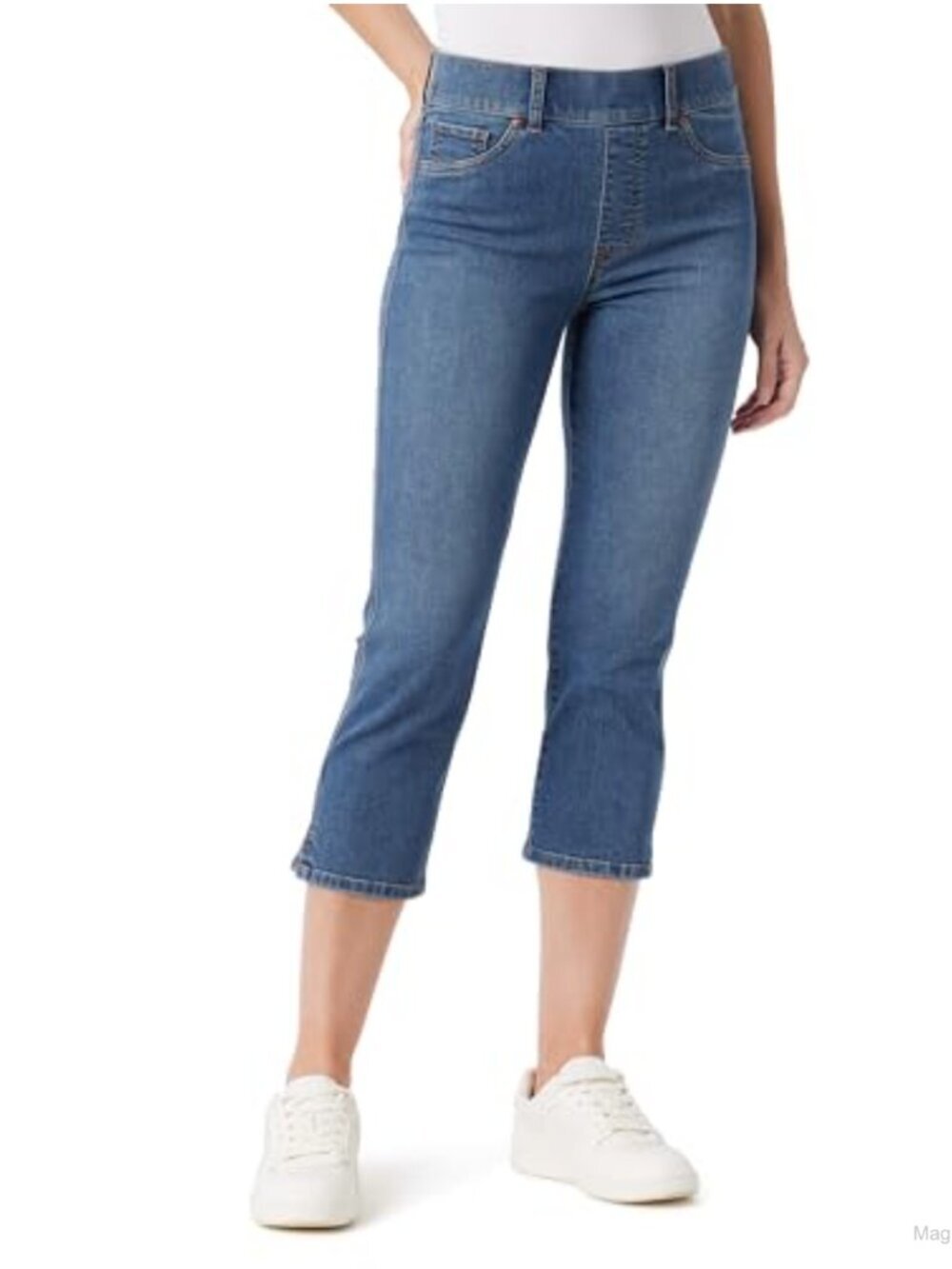 High Rise Straight Leg Capri Jeans, Pull On, Cotton Blend, Stretchable